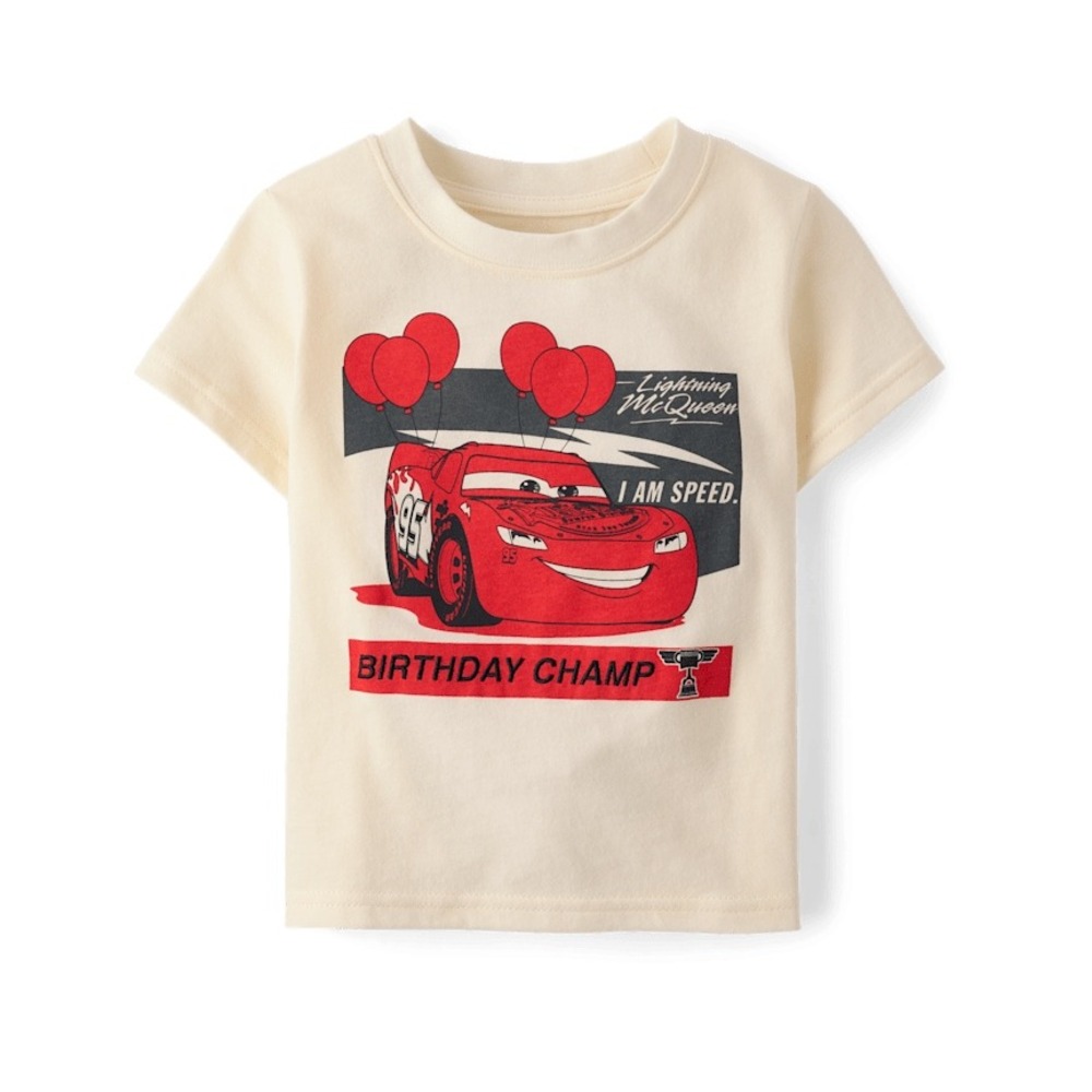 Disney Pixar Cars Lightning McQueen Birthday Champ Graphic Tee Cream Kids Shirt